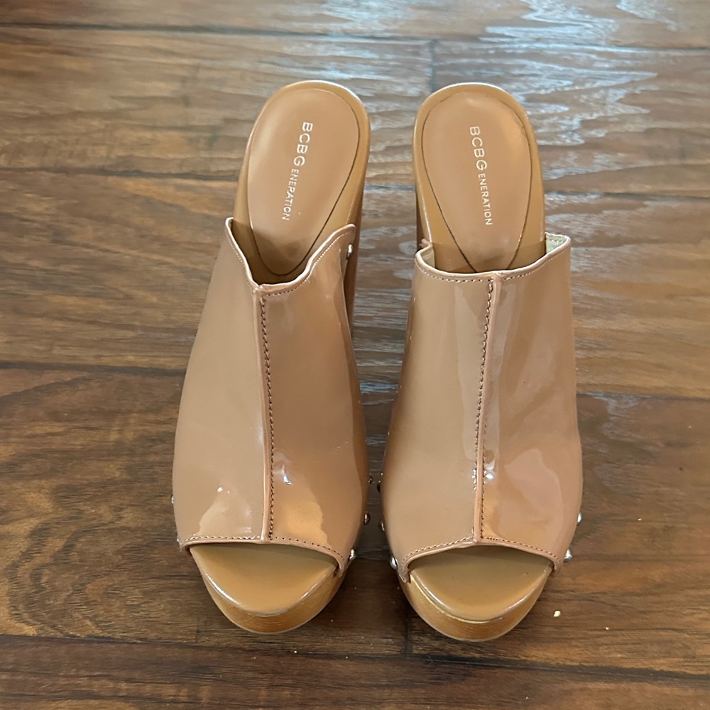 BCBGeneration Nude Patent Peep-Toe Mules